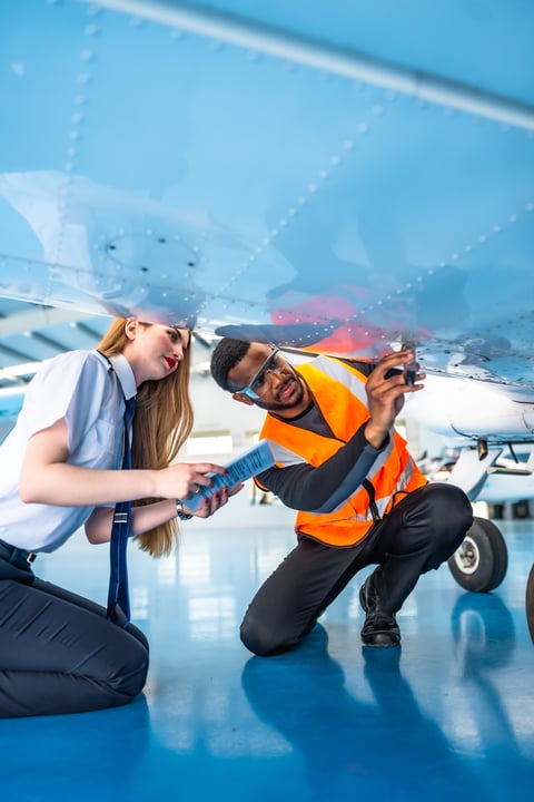 Aircraft maintenance engineer and pilot inspecting underside of airplane