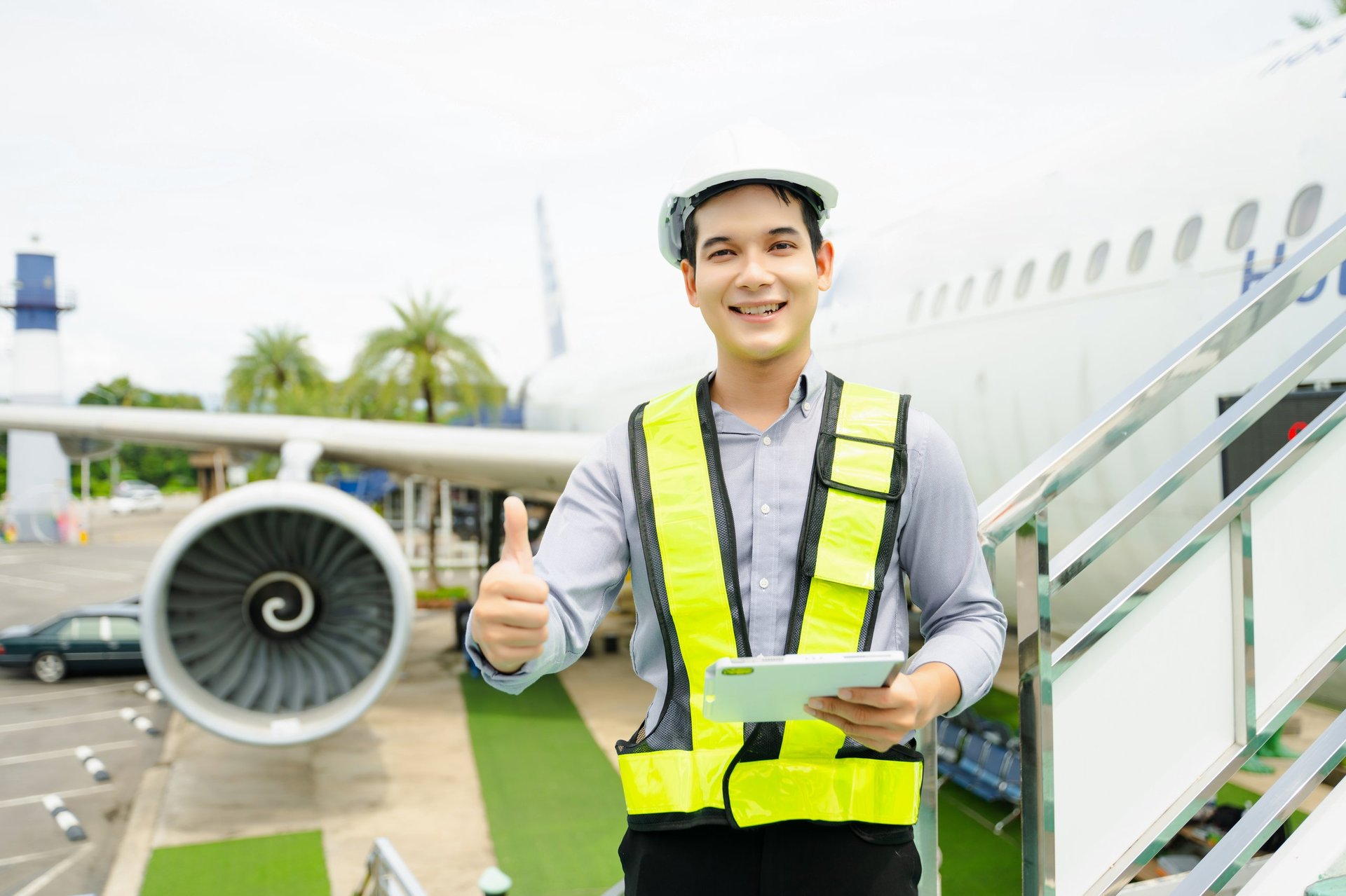 Aviation engineer inspecting airplane for safety compliance