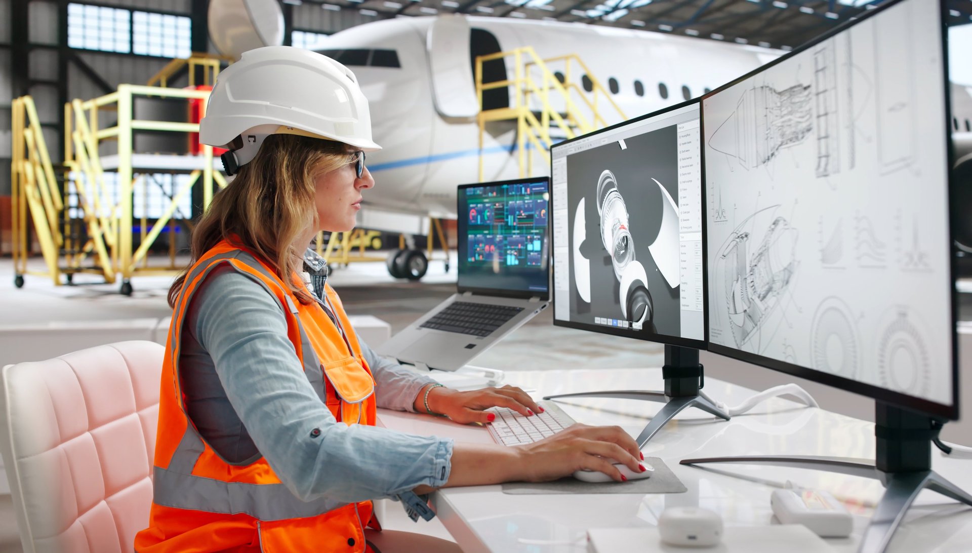 Ghanaian technician using laptop to check aircraft engine parts